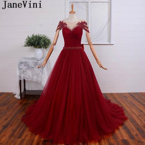 JaneVini Luxury Crystal Pearls Long Burgundy Evening Dresses Scoop Neck Cap Sleeves Big Bow Back A Line Tulle Dress Abito Lungo