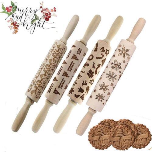 1PC Christmas Rolling Pin Embossing Rrolling Pin Embossed Patterned Textured Wooden Rolling Pin Xmas Decorative Baking Tools
