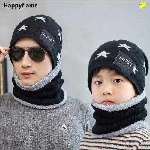 2-pcs Parent-child Thicken Plus Velvet Warm Knit Beanie Hat Scarf Outdoor Ear Protection Hedging Cap Winter Ski Cap Neckerchief