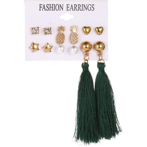 6pairs/set Trendy New Personality Pearl Star Stud Earrings Women Gold Crystal Pineapple Heart Tassel Long Statement Earrings