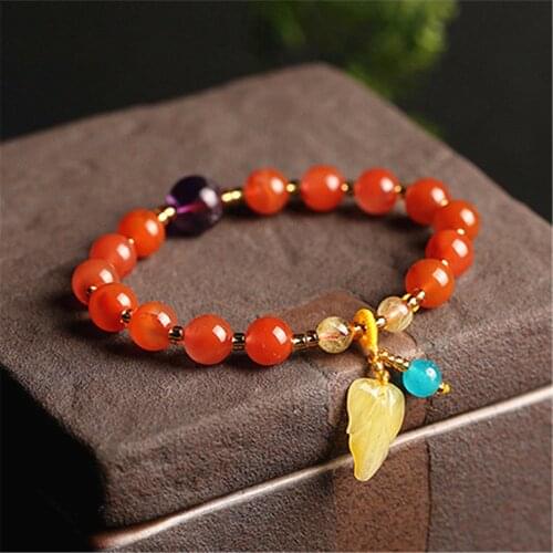 Handamde Natural Stone Beads Elastic Bracelet Strawberry Quartz Amethyst Beeswax Leaf Pendant Wrist Barcelet Women Yoga Jewelry