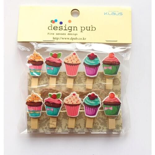 10 Pcs/Set Sweet Birthday Cake Wooden Clip Photo Clips Party Decoration Clip with Hemp Rope