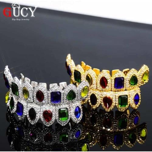 GUCY Hip Hop Gold Color Vampire Fangs Teeth Grills Caps Micro Pave Multi-Color CZ Bling Cubic Zirconia Top & Bottom Teeth Grillz