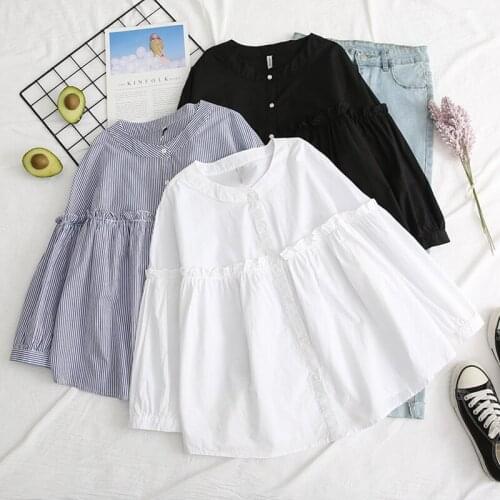 Cotton 100% White Women Shirts Summer New Sweet Style Ruffles Loose Elegant Office Lady Outwear Tops