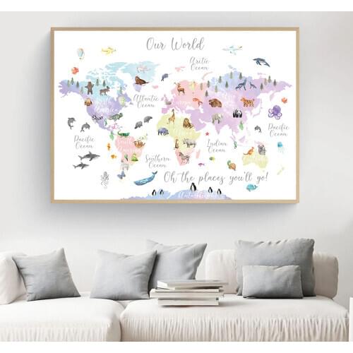 Cartoon Animals World Map Picture Children Poster Nursery Wall Art Canvas Print Painting Baby Kid Bedroom Playroom Home Decor