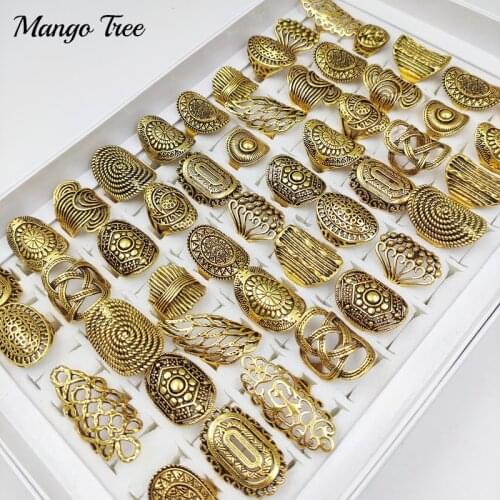 20pcs/Lots Vintage Antiques Gold Carved Flower Leaf Hollow Ring Punk Ethnic Tribe Finger Rings For Women Party Gift Jewelry
