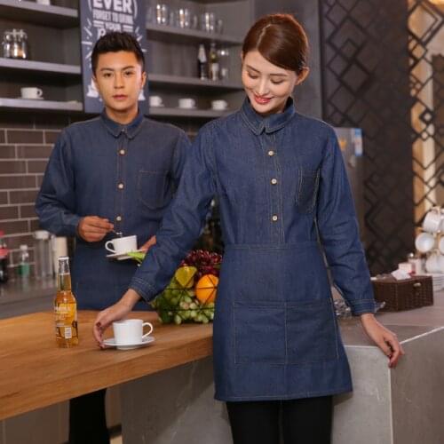 Fashion Waiter Autumn/Winter Work Clothing Baking Bakery Waitress Long Sleeve Denim Shirt+Apron Set Western Restaurant Uniform