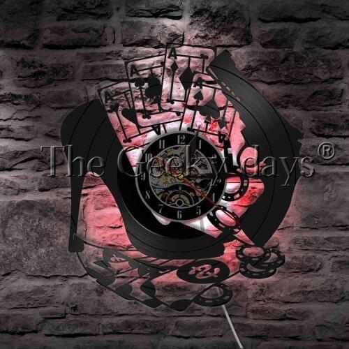 Playing Cards High Heel Gun Poker Vinyl Record Wall Clock Modern Wall Light Gambling Poker Chips 4 Aces Decor