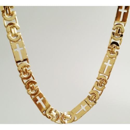 Granny Chic 10mm Gold Huge & Heavy Long Stainless Steel Byzantine Mens Chain Necklace 316L Stainless Steel Hollow Cross Jewelry