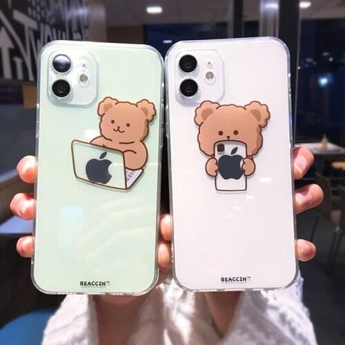 Funny Cute Cartoon Bear Clear Phone Case For iPhone 12 Pro Max 11 X XS XR 7 8 Plus Mini Creative Couple Transparent Soft Cover