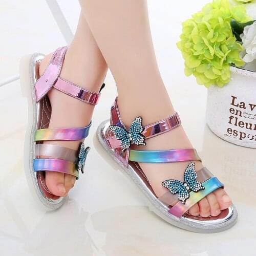 Summer Rhinestone Sandals For Girls Shoes Kids Fashion Sequins Butterfly Children Flat Sandles Outdoor Kids Soft Sole Sandalias