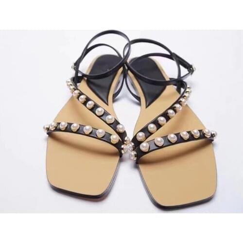 2021 Fashion Brand Rivet Women Sandal Shoes Square Toe Narrow Band Ankle Strap Gladiator Shoes Flat Casual Summer Beach Slides