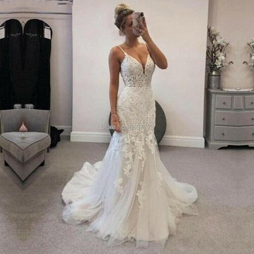 Sexy Spaghetti Straps Appliques Lace Tulle V-neck Mermaid Wedding Dresses Robe De Mariage Bridal Gown vestido de noiva 2020 New