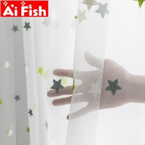 Green mesh towel embroidery Star window screen tulle for living room children cartoon curtains balcony bedroom sheer M065-40
