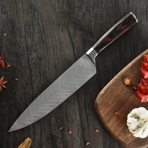 Chef Knife Stainless Steel - 8 Inch 7CR17 Laser Damascus Pattern Kitchen Utility Meat Cleaver Slicing Knives