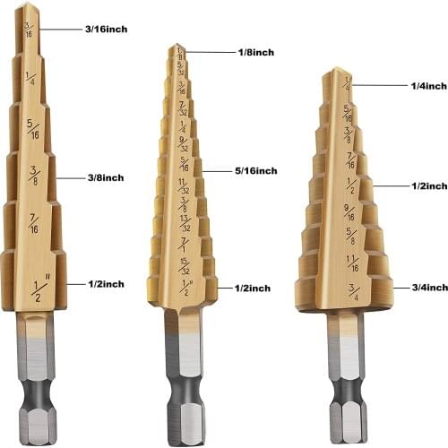 Step Drill Bit, 3pcs High Speed Steel Drill Kit for Metal Aluminium and Wood Drilling Hole For Multiple Hole Pagoda Bits Metal