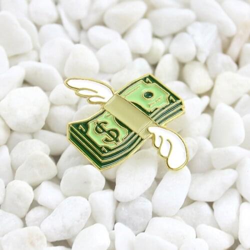 Thick stack of banknotes dollars and angel wings Cartoon Enamel brooch Personality Creative Denim Leather Backpack Badge
