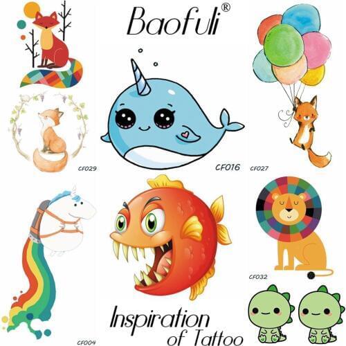 Baofuli Piranha Unicorn Dolphin Flash Temporary Tattoo Waterproof Fox Art Tattoos Cartoon Fake Tatto Children Boy Body Hand Leg