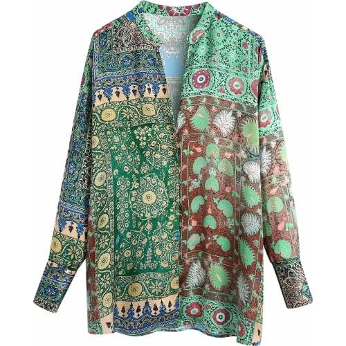 Za Women New Summer Autumn Retro Print Simple Style Loose Sleeve V Neck Shirt Casual Chic Top XITIMEAO