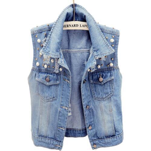 Spring Autumn Women Sleeveless Jacket Beaded Denim Vest Short Vintage Hole Jeans Outwear Plus size Female Casual Tops Waistcoats