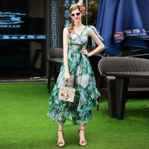 High quality 2017 designer Fashion runway long dress V-neck sleeveless green leaf printing Cascading Ruffle Casual Maxi dress