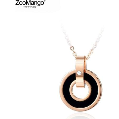 ZooMango Black/Pink Acrylic Double Circle Pendant Necklaces Jewelry Rose Gold Stainless Steel Choker Jewelry For Women ZN17036