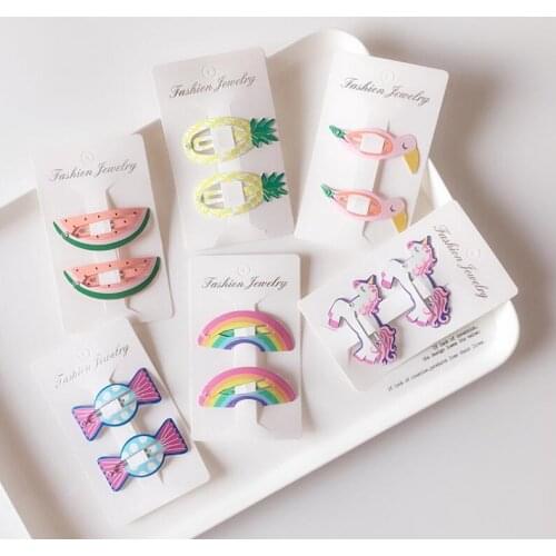 1 Pair Hair Clips For Baby Girls Cute Colorful Print Fruit Unicorn Metal Barrettes Clip Snap Hairpins For Girls