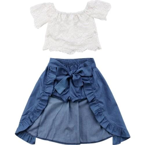 3PCS Fashion Cute Princess Toddler Girls Sets Off Shoulder Lace Floral White T-Shirts Tops Blue Denim Shorts Ankle-Length Dress