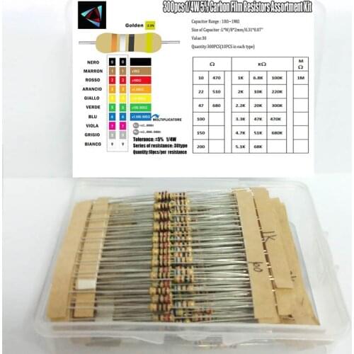 300Pcs 1/4W 5% 10 Ohm ~1M Ohm resistors assorted Kit Set 30 Kinds Each Value Carbon Film Resistor pack BOX