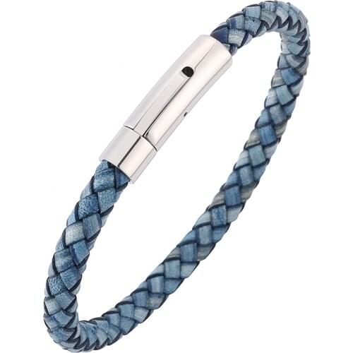 New Fashion Men Blue Genuine Leather Bracelet Simple Stainless Steel Button Neutral Accessories Hand-woven Jewelry Gifts PD0240