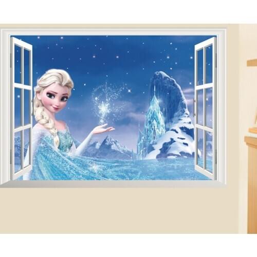 Disney Elsa Princess 3D Window Wall Stickers Home Decoration Frozen Anime Mural Art Kids Room Wall Decals Cartoon Movie Poster
