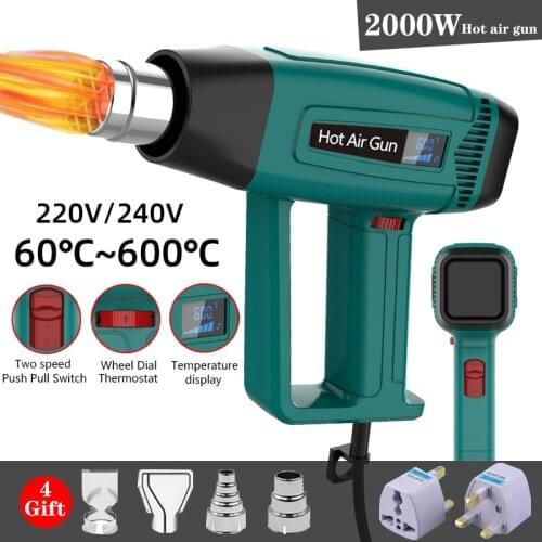 2000W 220V EU Plug Industrial Electric Hot Air Gun Thermoregulator LCD Heat Guns Shrink Wrapping Thermal Heater Nozzle