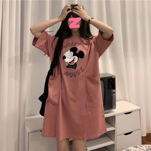 Mickey Mouse Print Women T-shirts Long Disney Tops Pocket O-neck Loose Casual T-shirt Harajuku White Female Korean Style Clothes