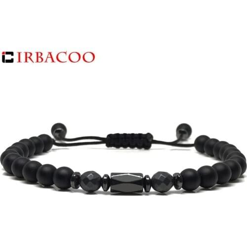 IRBACOO 2020 New Fashion Men Bracelet 6mm Cut Hematite Stone and Matte Onyx For Men Braided Macrame Bracelets Jewelry Gift