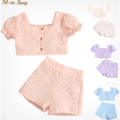 Baby Girl Cotton Clothes Set Floral Crop Top Puff Sleeve+Shorts 2PCS Summer Girl Princess Clothing Set Outfit Baby Clothes 1-6Y