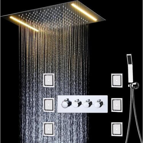 Brother GOLD square shower 600mm top shower head +4 pcs body jet +wall faucet+handheld shower+rain head+5 handle mixer valve