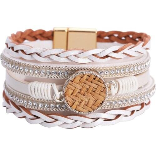 ORNAPEADIA multilayer woven creative personality ethnic style bracelet leather magnetic buckle diamond jewelry wholesale