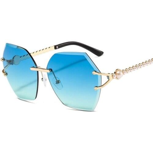 Fashion Women Rimless Sunglasses Polygon Clear Ocean Gradient Lens Pearl Decoration Female Oversized Luxury Sun Glasses