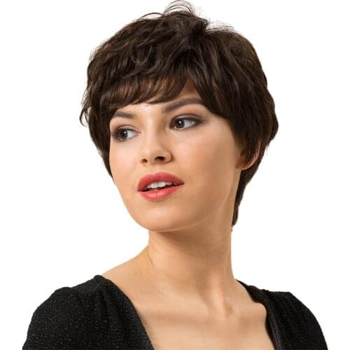 Human Hair Brown Layered Women Short Curly Wigs 8’’ with Wig Cap