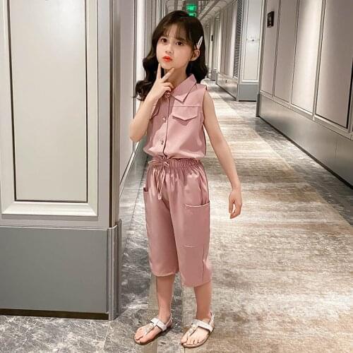 New Summer 3-12T Girls Clothing Sets Baby Kids Clothes Suit Children Sleeveless Solid Tops T-shirt Elastic Band Pants Outfits