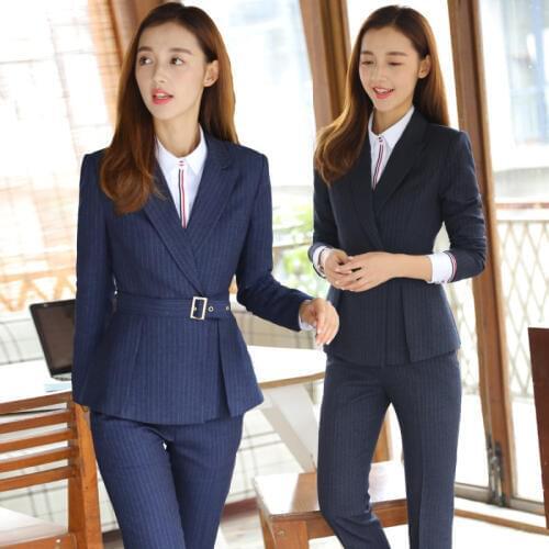IZICFLY Striped Pant And Blazer Set For Uniform Ladies traje mujer blazer y pantalon business Office women suits Trouser Wear