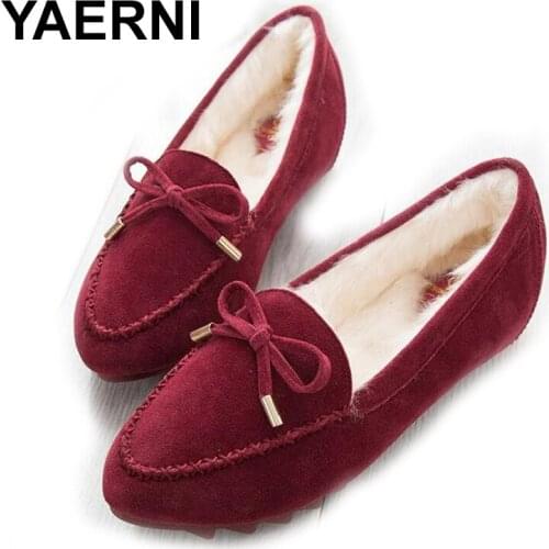 YAERNI Winter New Womens Increased Internal Cotton-padded Shoes Warm Flat Heel Mom Shoes Cute Candy Color Butterfly Knot Women