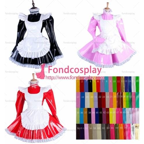 Fondcosplay adult sexy cross dressing sissy maid short heavy PVC lockable Dress vinyl white apron Uniform Tailor-Made[G1486]