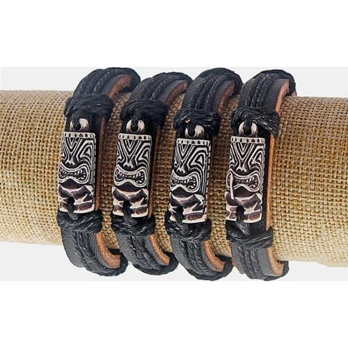 Wholesale 12pcs Black Leather White Tiki Man Charm Bracelets