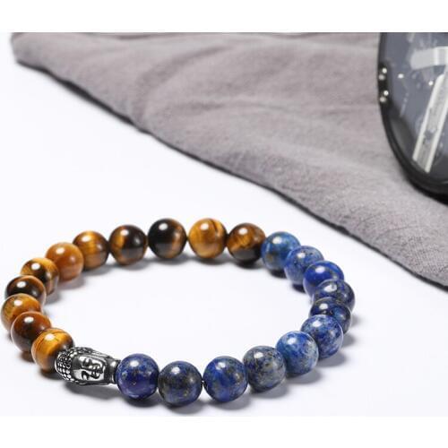 Wholesales 8mm beads men bracelets tiger eye stone Lapis Lazuli stainless steel Buddha head bracelet 50pcs/lot+free shipping