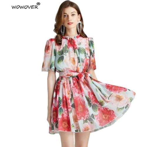 Womens Summer Fashion Short Sleeve Sashes Chiffon Print Floral Mini Party Dresses Elegant Ruffled Collar Beach Holiday Vestidos
