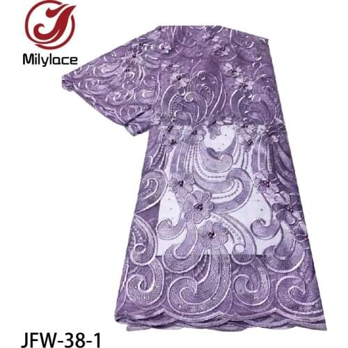 Latest Embroidered French Mesh Tulle Lace Fabric with Beads and Stones African Net Lace Fabric for Wedding 5Yards/Lot JFW-38