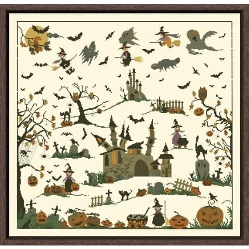 The witch castle Halloween light yellow cloth set cross stitch package cartoon aida 14ct kit embroider DIY handmade needlework