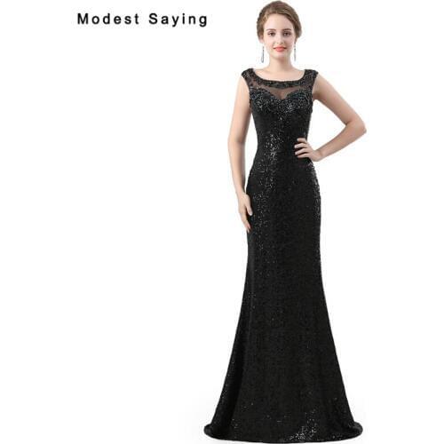 Sexy Black Mermaid Sequined Evening Dresses 2018 with Beaded Back vestido de festa Long Plus Size Formal Women Party Prom Gowns