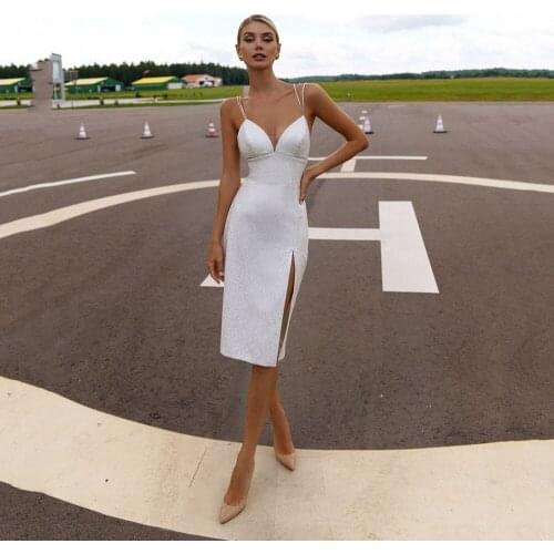 GY Sleeveless Sexy Wedding Gowns Short Wedding Dress Sweetheart Spagetti Straps Split Straight Satin Bridal Gown